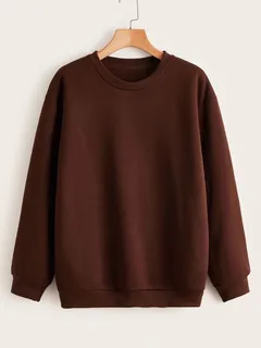 Chocolate brown crewneck sweatshirt on a wooden hanger against an off-white backdrop
