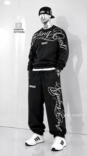 Black streetwear sweatshirt and jogger set with white script graphics