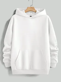 White pullover hoodie with a front kangaroo pocket on a wooden hanger