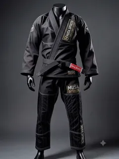 Black MUSA SPORTS WEAR BJJ gi displayed on a mannequin with reinforced contrast stitching