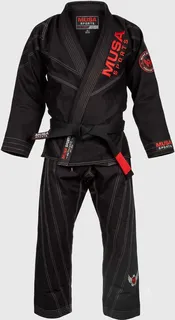 Black MUSA SPORTS WEAR BJJ gi with red branding, contrast stitching and a red belt detail
