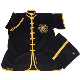 Black kung fu uniform with gold trim, frog closures and matching trousers