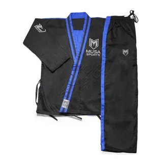 Black and blue martial arts gi set with a matching belt and MUSA SPORTS WEAR branding