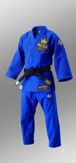 Royal blue MUSA SPORTS WEAR judo gi with a black belt displayed on a mannequin