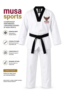 White taekwondo uniform with a black collar, black belt and custom MUSA SPORTS WEAR branding