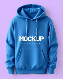 Blue pullover hoodie mockup with a front kangaroo pocket against a purple backdrop