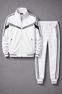 White tracksuit jacket and trousers with black and gray chevron panels