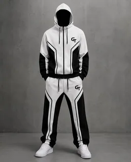 White and black hooded tracksuit with coordinated jogger trousers