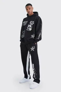 Black printed streetwear hoodie and jogger set with white star and lightning graphics