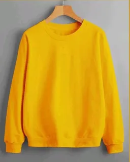 Bright yellow crewneck sweatshirt on a wooden hanger against a gray backdrop