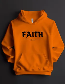 Orange pullover hoodie with Faith chest artwork against a dark backdrop