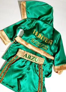 Green and gold satin kickboxing set with custom name details