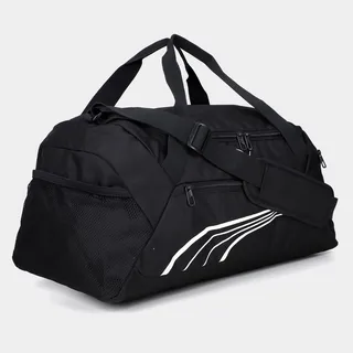 Black performance duffle bag with mesh side pocket, shoulder strap and contrast detail