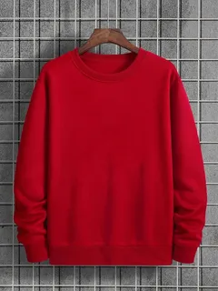 Red crewneck sweatshirt displayed on a textured gray grid wall