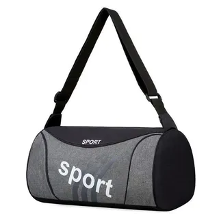 Gray and black cylindrical sports duffle bag with adjustable shoulder strap