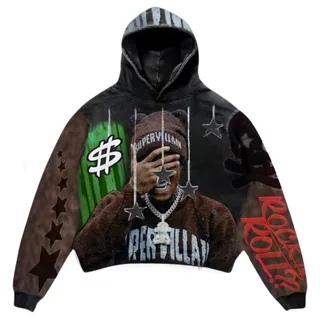 Black cropped streetwear hoodie with colorful portrait artwork and graphic sleeves