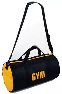Black and yellow gym duffle bag with shoulder strap, carry handles and bold branding