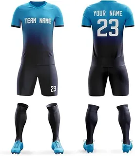 Cyan and black football kit shown from front and back with matching socks