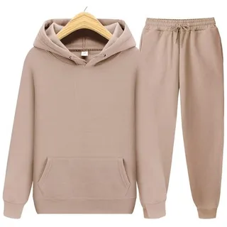 Beige hooded tracksuit with matching tapered trousers