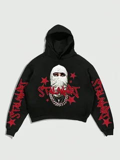 Black cropped streetwear hoodie with red lettering, masked portrait and star graphics