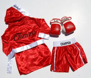 Red satin boxing set with matching gloves and contrast trim