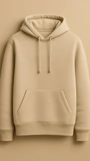 Beige pullover hoodie with drawcords and a front kangaroo pocket