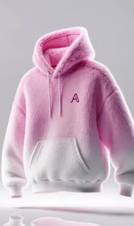 Pink and white fuzzy hoodie with a monogram detail