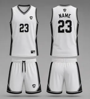 White basketball jersey and shorts set with black side panels, front and back views