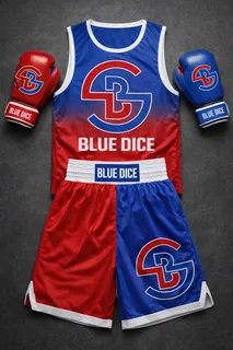 Blue and red boxing kit with matching gloves and custom branding
