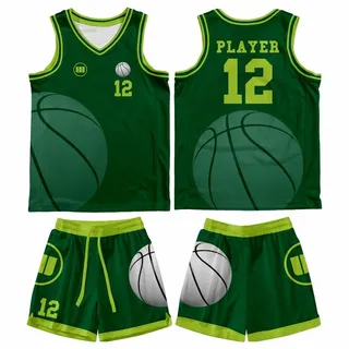Green basketball jersey and shorts set with basketball graphics and player number