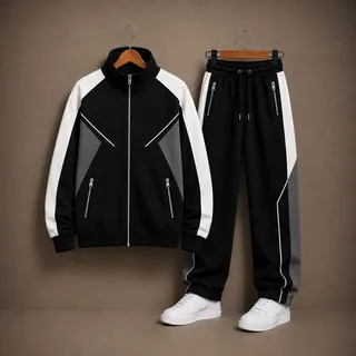 Black and white tracksuit with gray panel details and matching sneakers