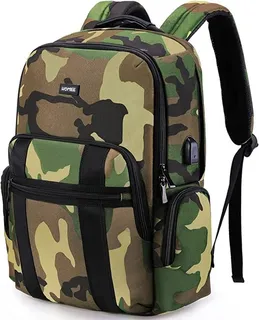 Camouflage sports backpack with multiple compartments, side pockets and padded straps