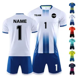 White and royal blue football kit with front and back views and multiple colorway options