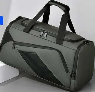 Gray and black training duffle bag with reinforced panels and zip compartments