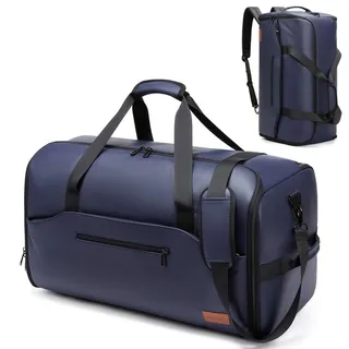 Navy convertible sports duffle bag shown as a carry bag and backpack