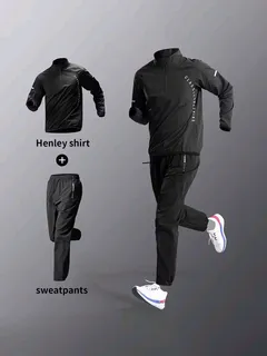 Black lightweight running jacket and tapered track pants shown as a training set