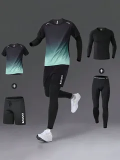 Black and mint performance running set with tee, shorts, leggings and long-sleeve base layer