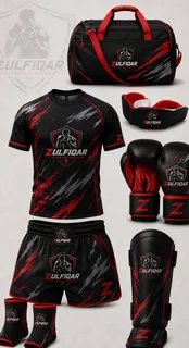Black and red combat sports kit with gloves, headguard and duffle bag