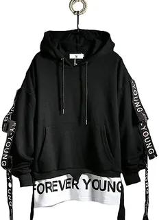 Black streetwear hoodie with contrast sleeve lettering and layered hem