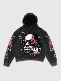 Black streetwear hoodie with pink sunglasses portrait graphic and matching sleeve print