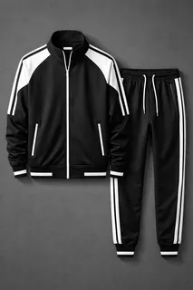 Black tracksuit jacket and trousers with white double stripe detailing