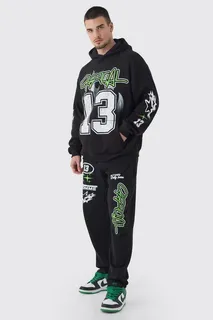 Black printed streetwear hoodie and jogger set with green number and graffiti graphics
