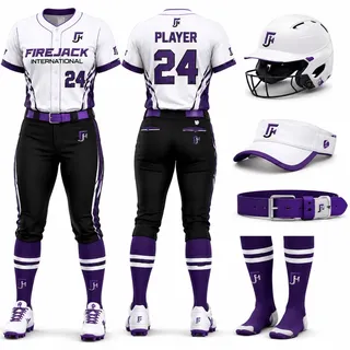 White and purple baseball uniform with front and back jersey views, helmet, cap, belt and socks