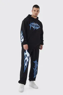 Black printed streetwear hoodie and jogger set with blue flame artwork