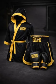 Black and yellow hooded kickboxing robe with shorts and gloves