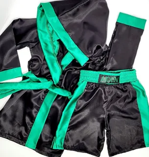 Black and teal satin kickboxing set with custom name waistband