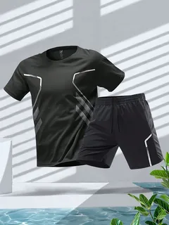 Black performance tee and shorts set with reflective geometric details