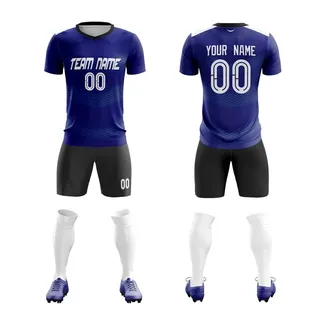 Navy and black football kit shown from front and back with matching socks