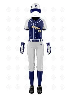Navy and white baseball uniform with jersey, pants, cap, socks and protective gloves