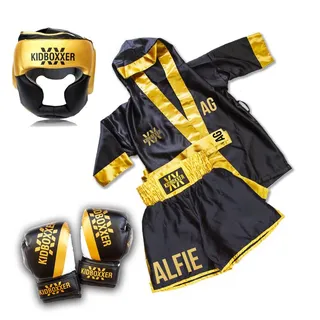 Black and yellow kickboxing uniform with headguard and gloves